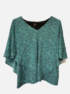 JM Collection Woman Sz XL Butterfly Sleeve Top Beautiful BlueGreen Black Print